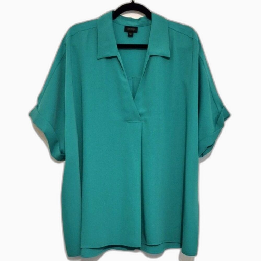 J Jill Wearever Collection Green Blouse 3X Roll Tab Sleeve Back Button Top